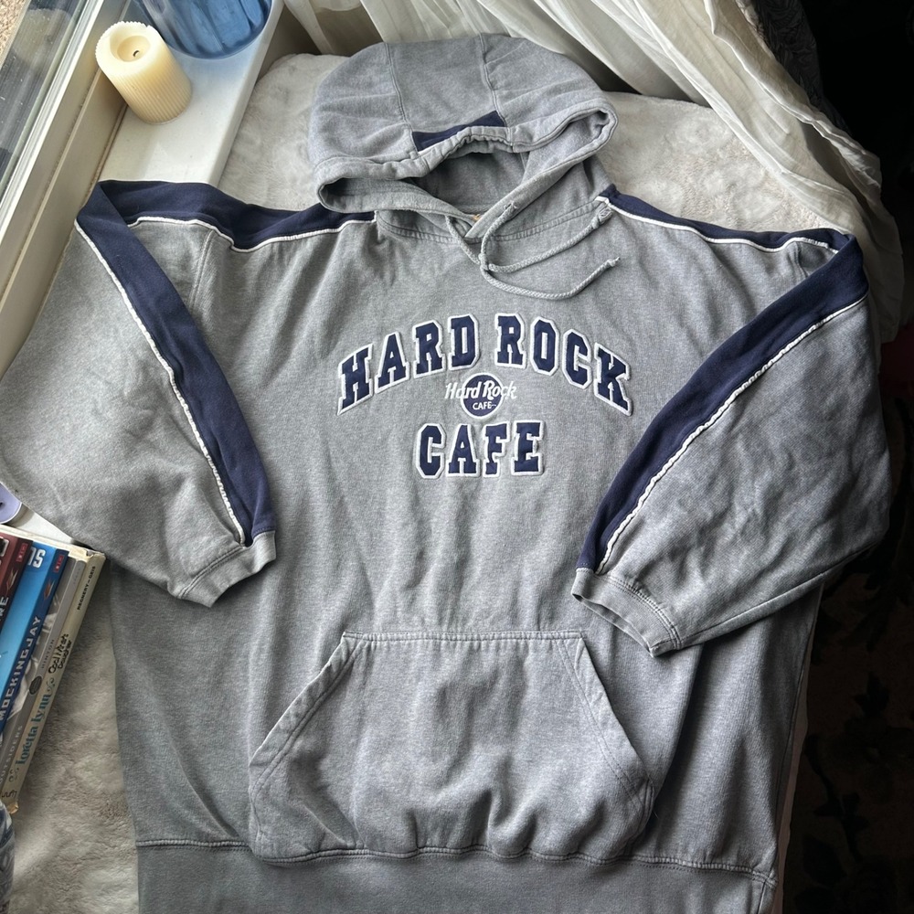 Boxy Skater Vibe Hard Rock Cafe Grey Navy Blue Drawstring Hoodie Vintage